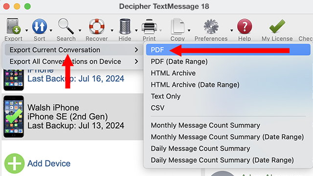 Select Export as PDF to save and print iPhone text messages to PDF. 