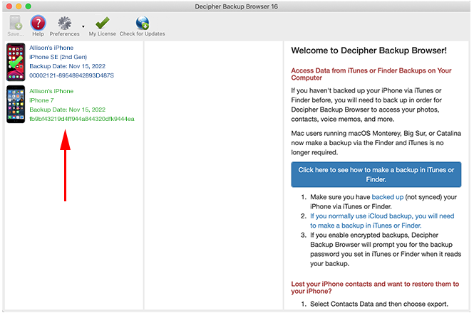 Select your iPhone in the left-hand column to extract photos fro iPhone backup.