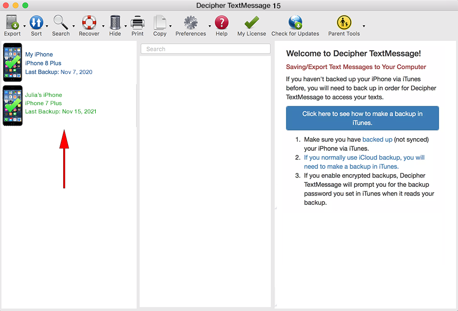 Your iPhone will appear in Decipher TextMessage.
