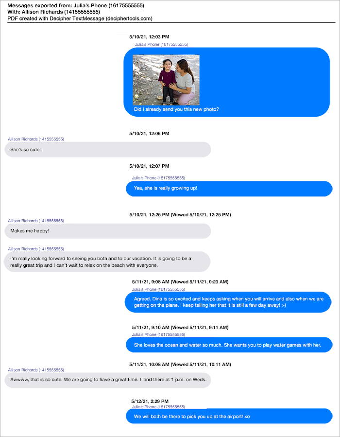Third party app Decipher TextMessage PDF export of iPhone text messages for printing text conversations.