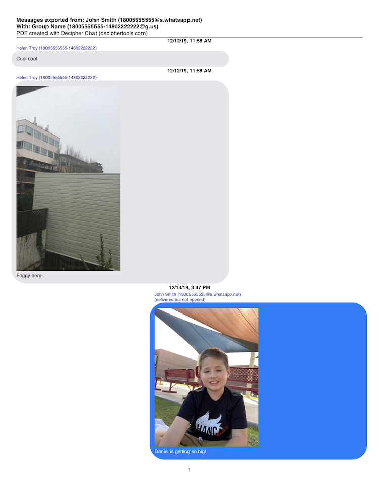 Screenshot of Decipher Chat showing how WhatsApp messages are displayed as PDF before printing them out