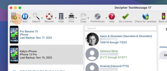 Click the Export button in Decipher TextMessage