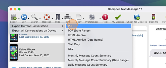 Click the PDF export type from the menu in Decipher TextMessage.
