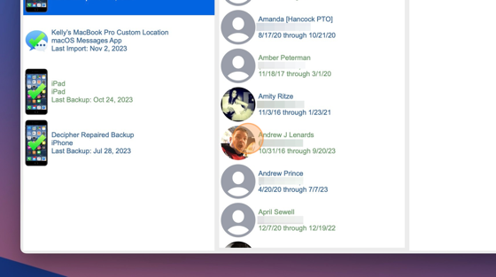 Click on the contact you want to print text messages from in the center column of Decipher TextMessage