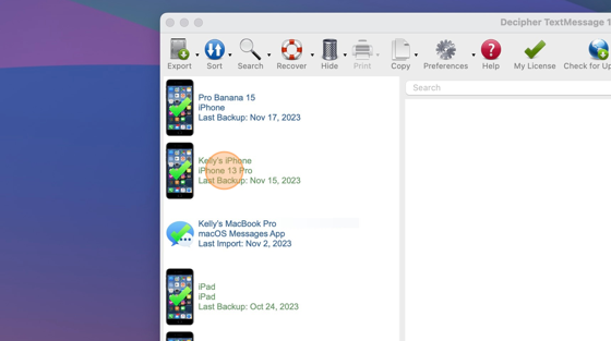 Click on your iPhone in the left column of Decipher TextMessage