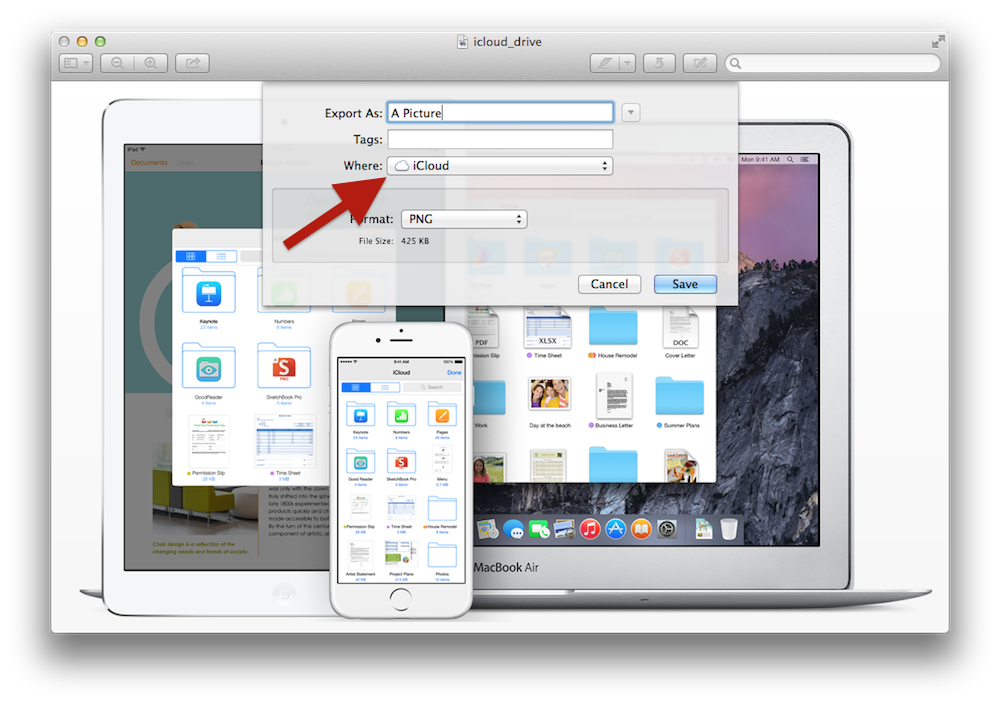 Choosing to save an image to iCloud Drive using the macOS Preview app.