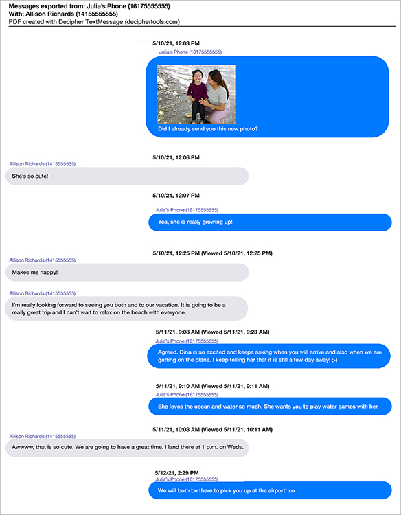 iPhone text messages example PDF document when exported by Decipher TextMessage software.