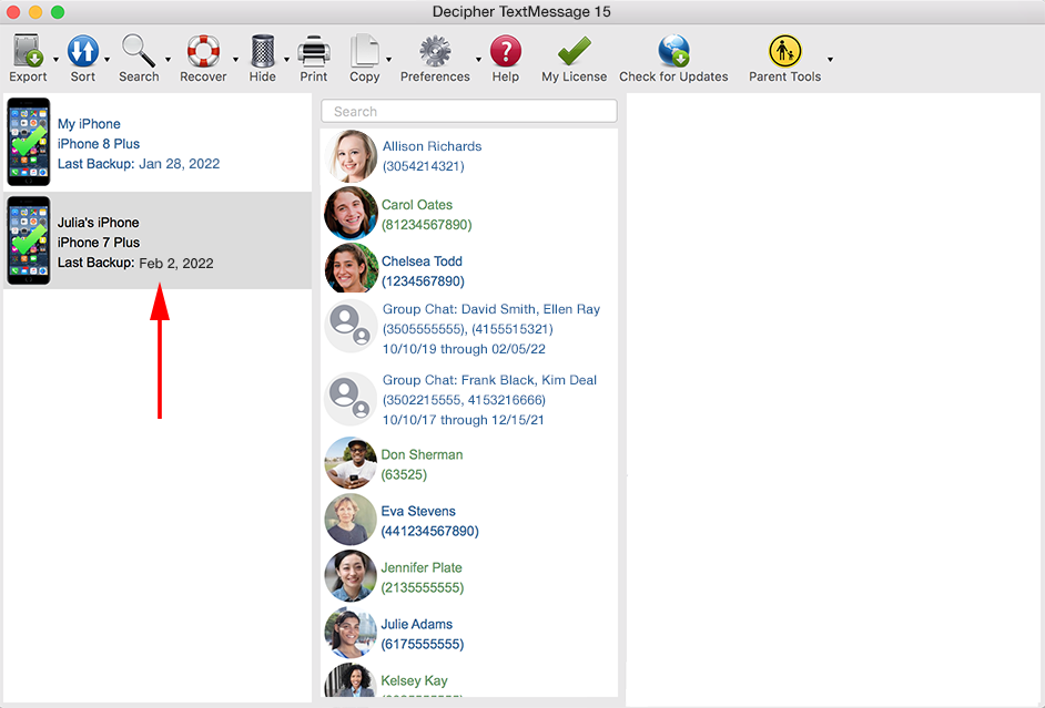 Select your iPhone. Scroll down in the middle column to see all your group text messages chats and conversations. 