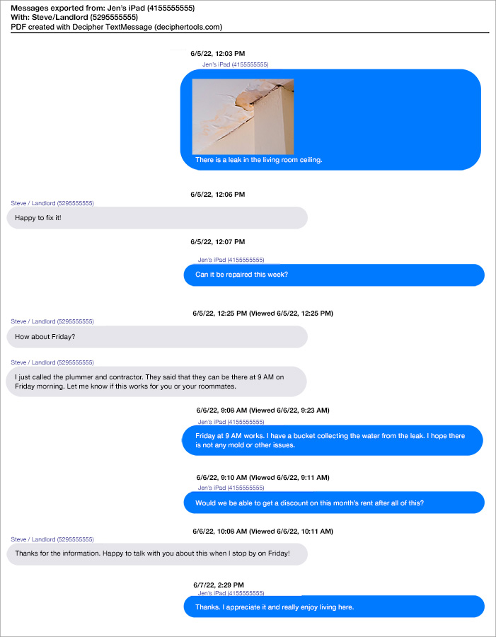 PDF example of iPad text messages that can be printed.