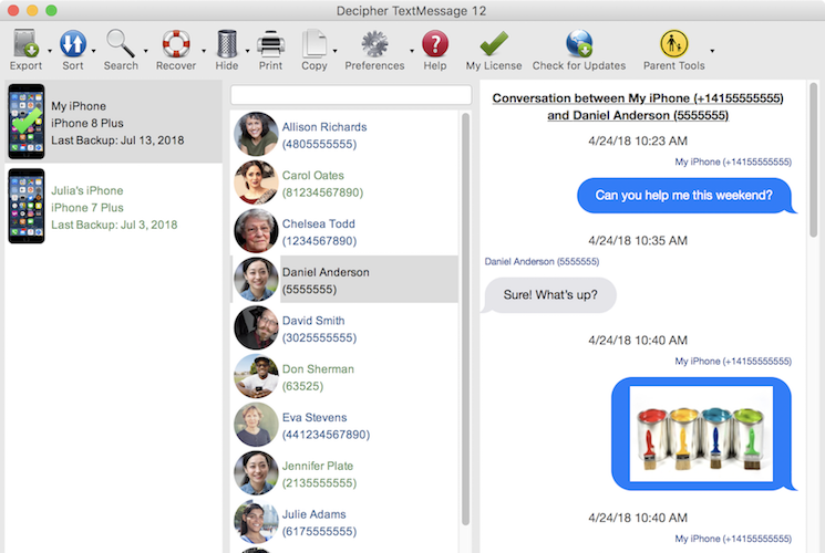 iPhone text messages displayed in Decipher TextMessage after being copied to a computer