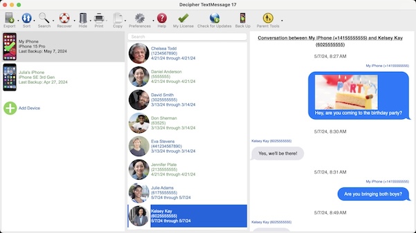 Screenshot of Decipher TextMessage with text messages saved from an iPhone on a Mac computer.