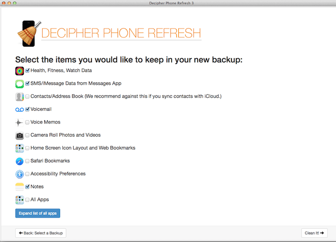 Decipher Phone Refresh screen to choose your data for a selective restore of an iPhone backup.