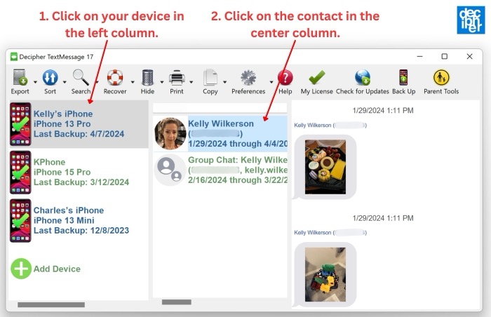 Select your iPhone in the left column of Decipher TextMessage, then select the contact/conversation in the center column.